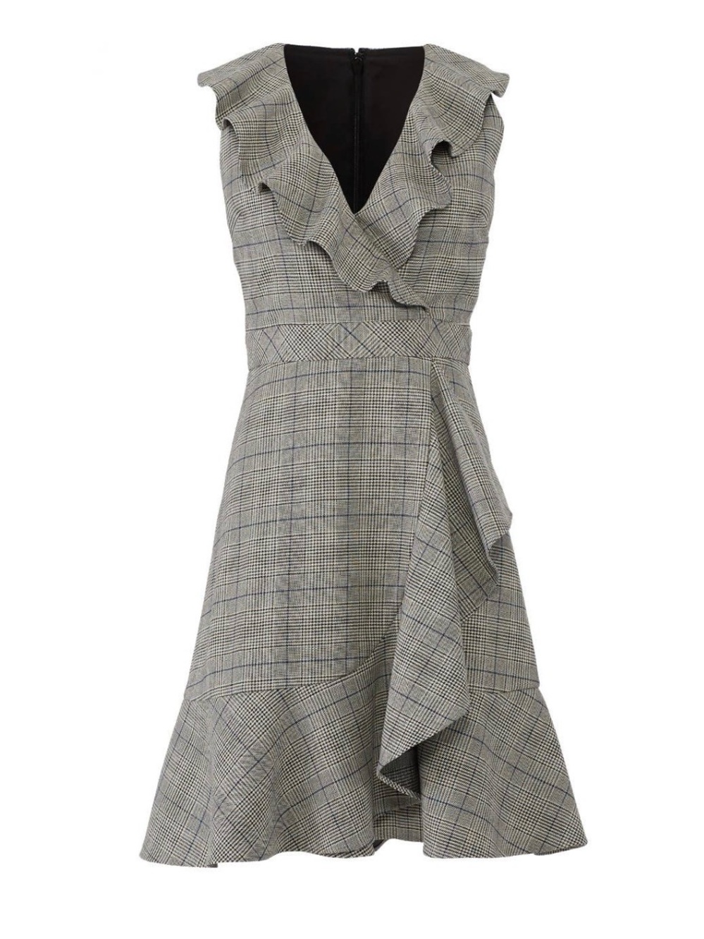 Kate Spade New York Mod Plaid Ruffle V-Neck Fit & Flare Dress - Gray